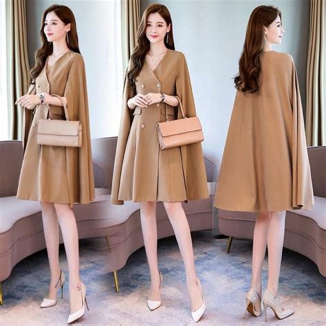 5637us Autumn Runway Fashion Women Black Khaki Cape Coats Button Sexy Double Breasted Cloak