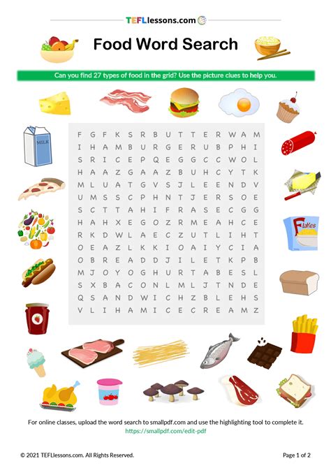 Food Word Search | TEFLlessons.com | ESL worksheets