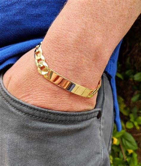 Heavy Mens Solid 9ct Yellow Gold Curb Identity Bracelet 85 Gold Chains For Men Mens Gold