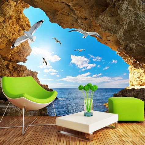 Custom Murals Wallpaper 3d Sky Clouds Seagulls Cave Bvm Home