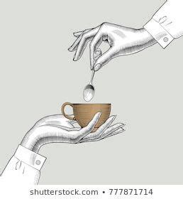 Pair Of Female Hands With A Coffee Cup And Spoon Vintage Engraving