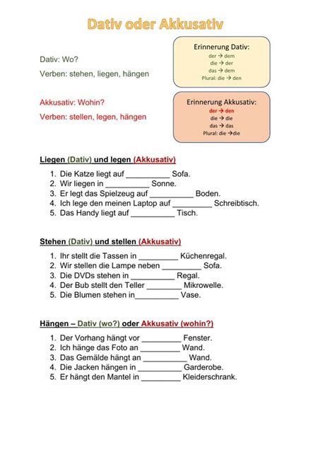 Stellen stehen legen liegen hängen worksheet Learn german German