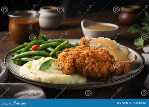 Classic Southern Fried Chicken Dinner With Mashed Potatoes Gravy And Green Beans Stock