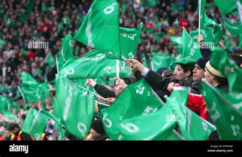 Irish Rugby Supporters wave green flags during Ireland's Rugby match ...