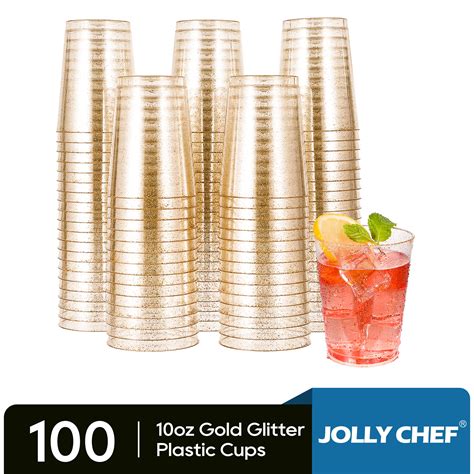 Jolly Chef 10oz Gold Glitter Disposable Plastic Cups 100pack For