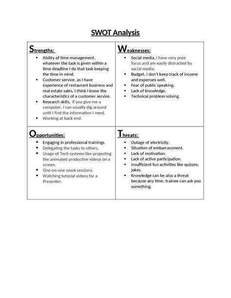 Swot Analysis Table Exercise Exercises Professional Communication