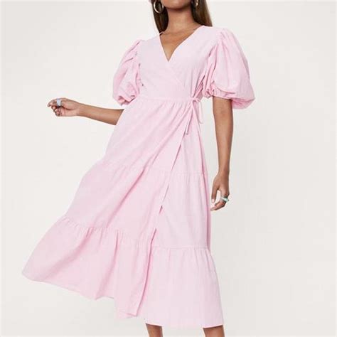 Pink Pretty Cottage Core Puff Sleeve Tie Maxi Dress Depop