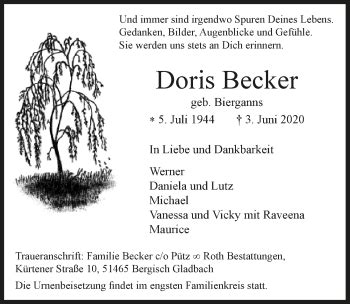 Traueranzeigen Von Doris Becker Wirtrauern