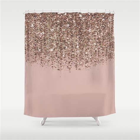 Blush Pink Rose Gold Bronze Cascading Glitter Shower Curtain Pink