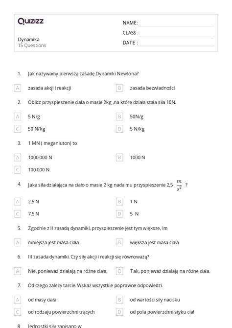Ponad 50 Trzecia Zasada Dynamiki Newtona Arkuszy Roboczych Dla Klasa 12