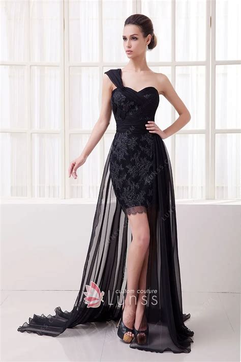 Black Floral One Shoulder Short Overskirt Prom Dress Lunss