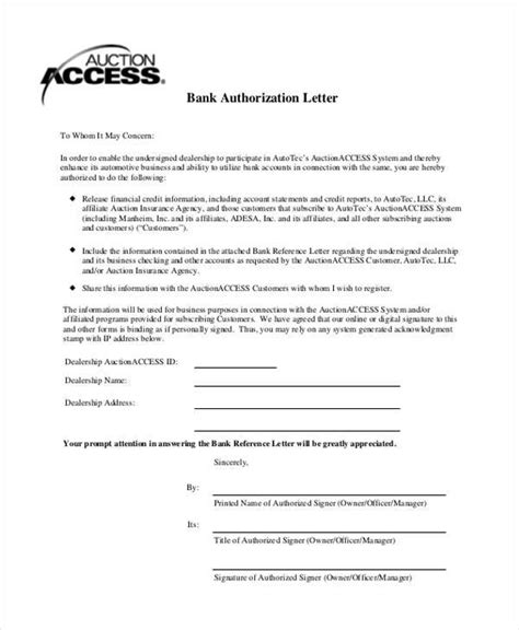 Bank Authorization Letter Format