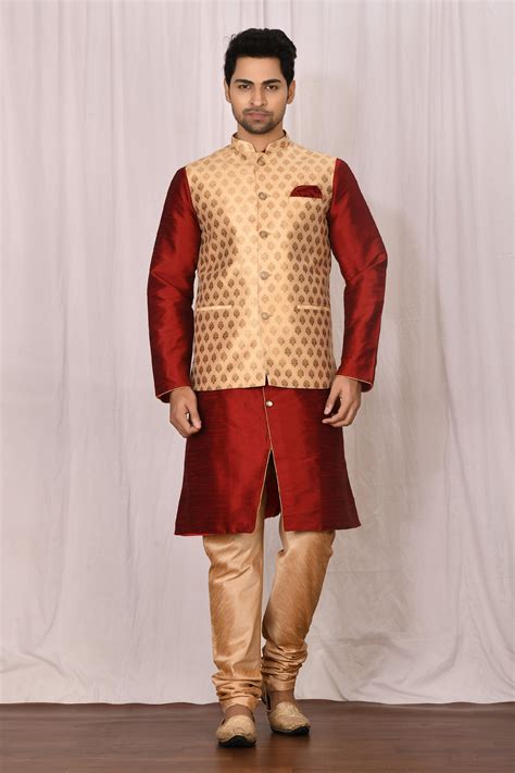 Buy Maroon Kurta Banarasi Jacquard And Dupion Churidar Art Set For Men