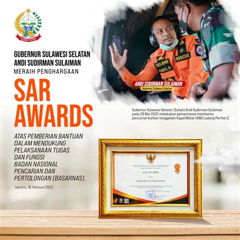 Gubernur Andi Sudirman Raih Penghargaan SAR Awards Dari Basarnas