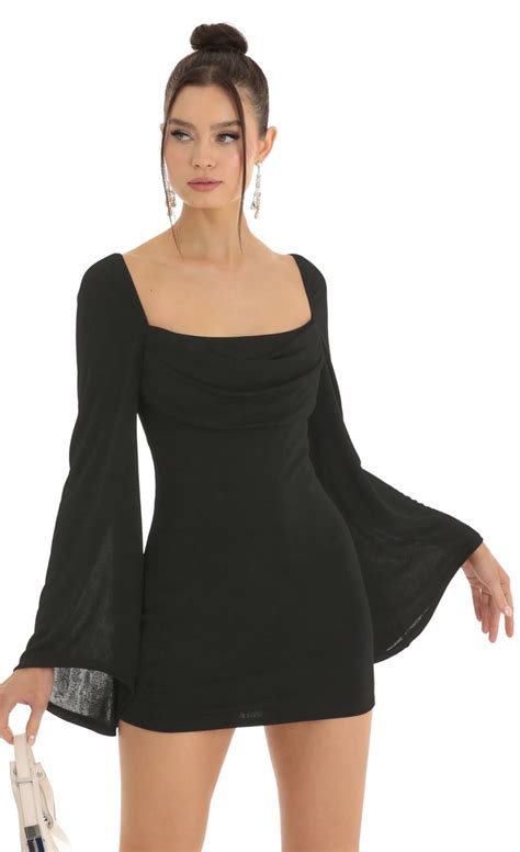 Jazlyn Knit Flare Sleeve Bodycon Dress In Black Lucy In The Sky