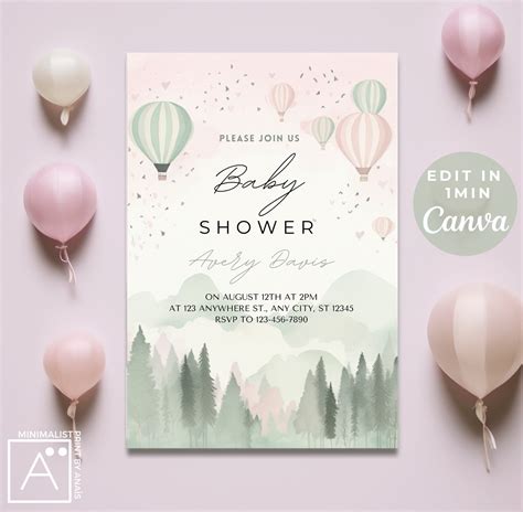 Editable Gender Neutral Hot Air Balloon Baby Shower Invitation Print And Digital Watercolor