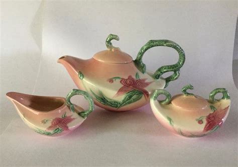 C1953 HULL Pottery WOODLAND Tea Set Teapot Creamer Sugar W Lid Pink