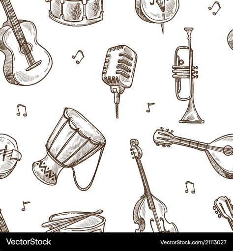 Musical Instruments And Retro Microphone Sketches Vector Image