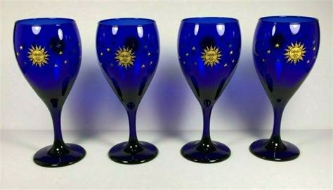 Details About Libbey Sun Moon Stars Wine Goblets Set Of 4 Blue Cobalt