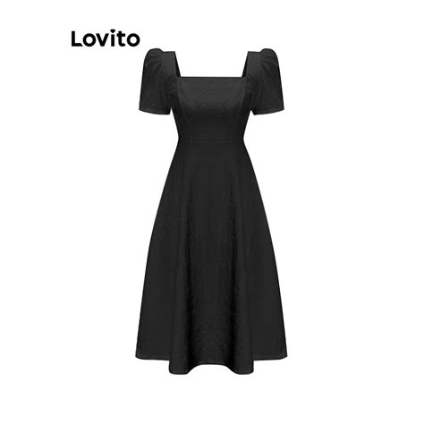 Lovito Elegant Plain Puff Sleeve Square Neck Dress For Women L Ed