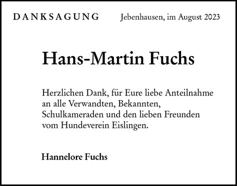 Traueranzeigen Von Hans Martin Fuchs S Dwest Presse Trauer