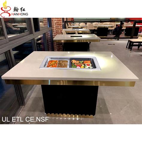 Hot Pot Table Korean Bbq Grill Commercial Smokeless Table Wooden Table Top For Restaurant With