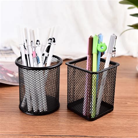 Black Metal Stand Pen Pencil Holder Mesh Style Pen Pencil Ruler Holder ...