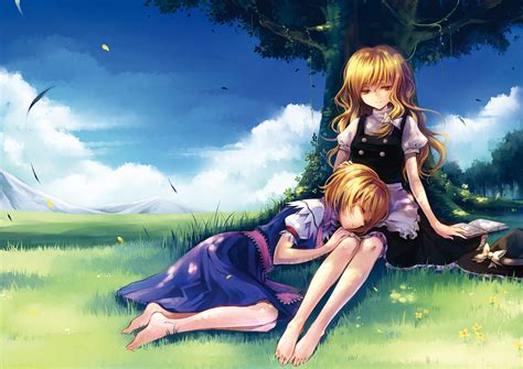 Alice Margatroid Barefoot Blonde Hair Book Clouds Dress Grass Hat Kieta Kirisame Marisa