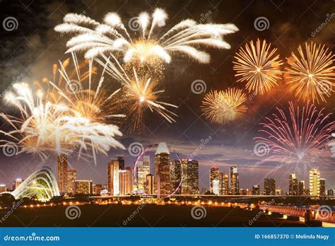 fireworks  singapore skyline editorial image image  light