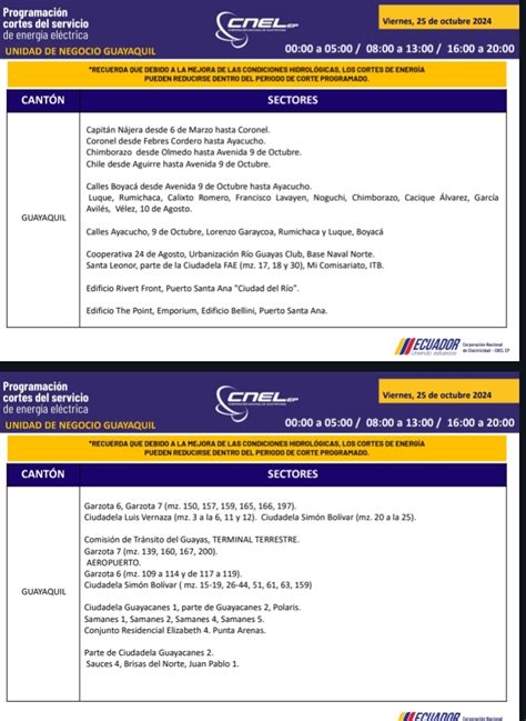 Nuevos Horarios De Corte De Luz Para Guayaquil Del Al De Octubre