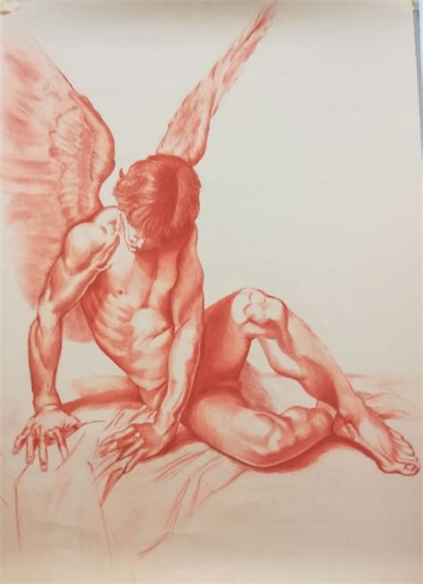 A Drawing Of A Naked Man With Wings On His Chest And Arm Sitting On