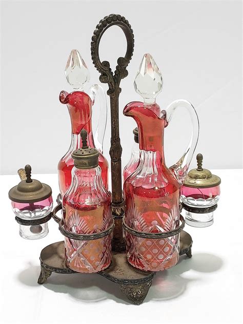 Antique Cranberry Cut To Clear Cruet Set Auction