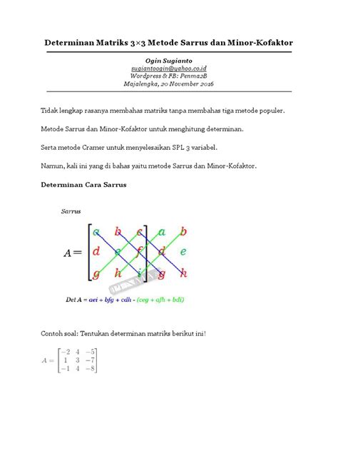 Determinan Matriks 3x3 Metode Sarrus Dan Minor Kofaktor Pdf