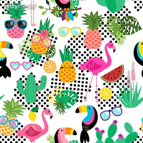 Seamless Tileable Tropical Vector Pattern With Flamingos Toucans