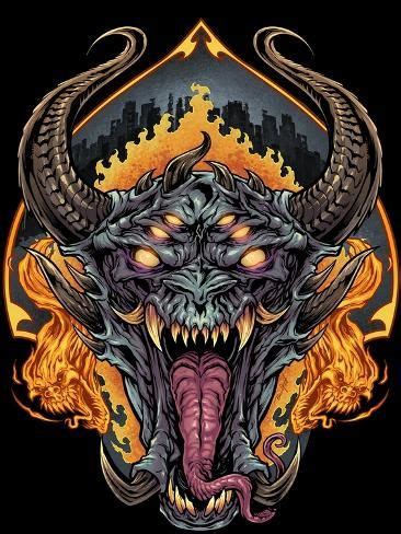 Demon Face And Fire Skulls Giclee Print FlyLand Designs Art