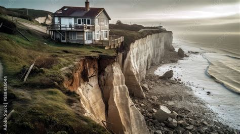 Collapsing Cliffside With A Crumbling House Teetering On The Edge