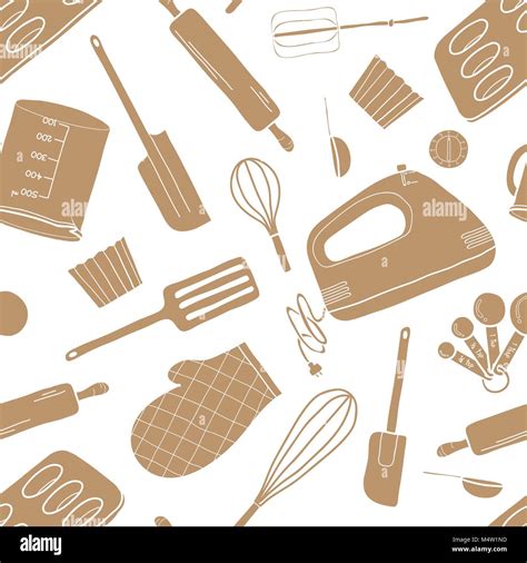 Seamless Pattern Of Baking Tools In Brown Silhouette Random On White