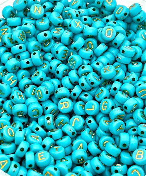 7mm Acrylic Alphabet Beads Turquoise Gold Letters Word Beads Jewelry