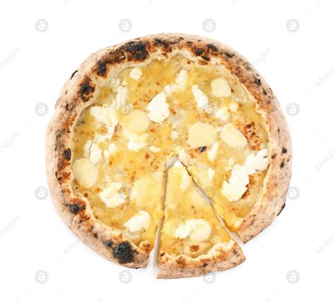 Tasty cheese pizza isolated on white, top view: Stock Photo | Download ...