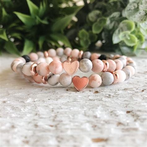 Pink Zebra Jasper And Rose Gold Gemstone Beaded Bracelet Rose Etsy