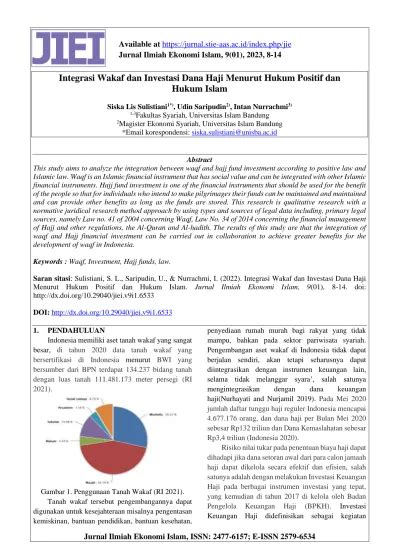 Integrasi Wakaf Dan Investasi Dana Haji Menurut Hukum Positif Dan Hukum