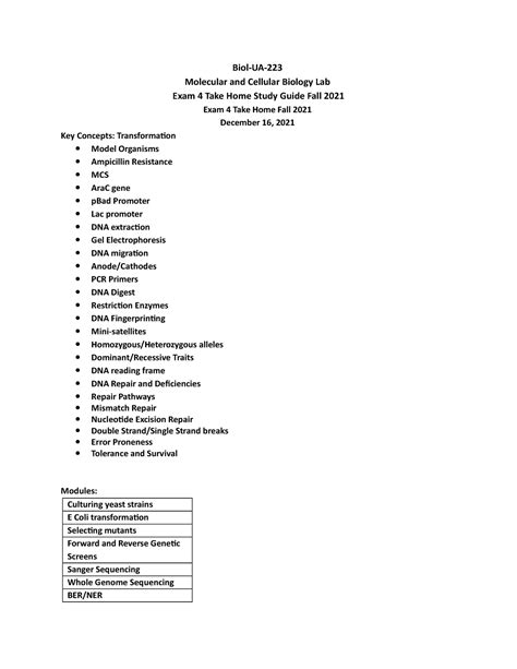 Mcb Exam Study Guide Biol Ua Molecular And Cellular Biology Lab