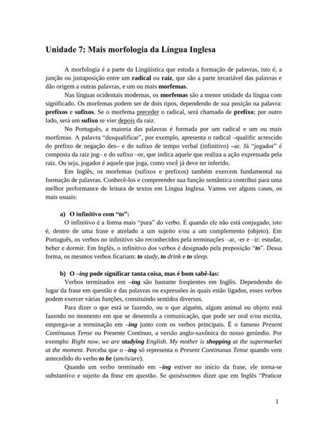 PDF Unidade 7 Mais morfologia da Língua Inglesa Em Inglês os