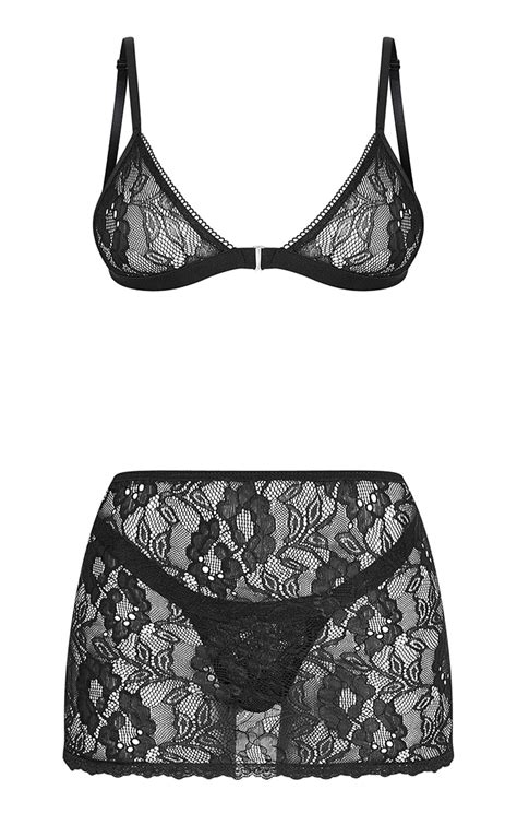 Black Triangle Lace 3 Piece Skirt Lingerie Set Prettylittlething Usa