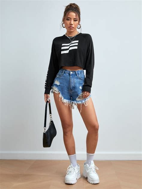 Shein X Made In America Striped And Letter Graphic Raglan Sleeve Crop Tee Shein Usa