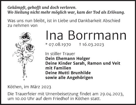 Traueranzeigen Von Ina Borrmann Abschied Nehmen De