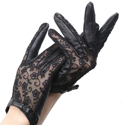 Genuine Leather Gloves Black Lace Bow Accents