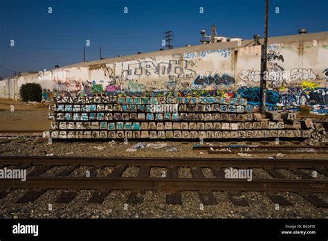 Downtown train tracks near Los Angeles River Los Angeles California ...