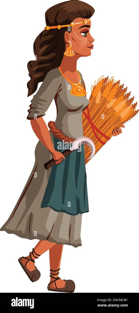 Peasant Woman With Sickle And Sheaf Of Spikelets In Hands Cartoon