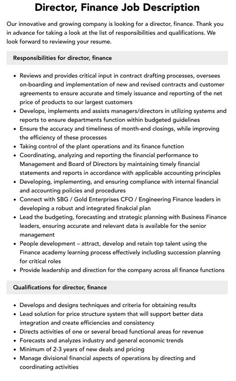 Director Finance Job Description Velvet Jobs